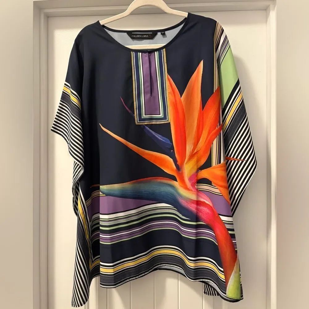 Colleen Lopez Blue Tunic Poncho with Orange and Purple Accents Size Large